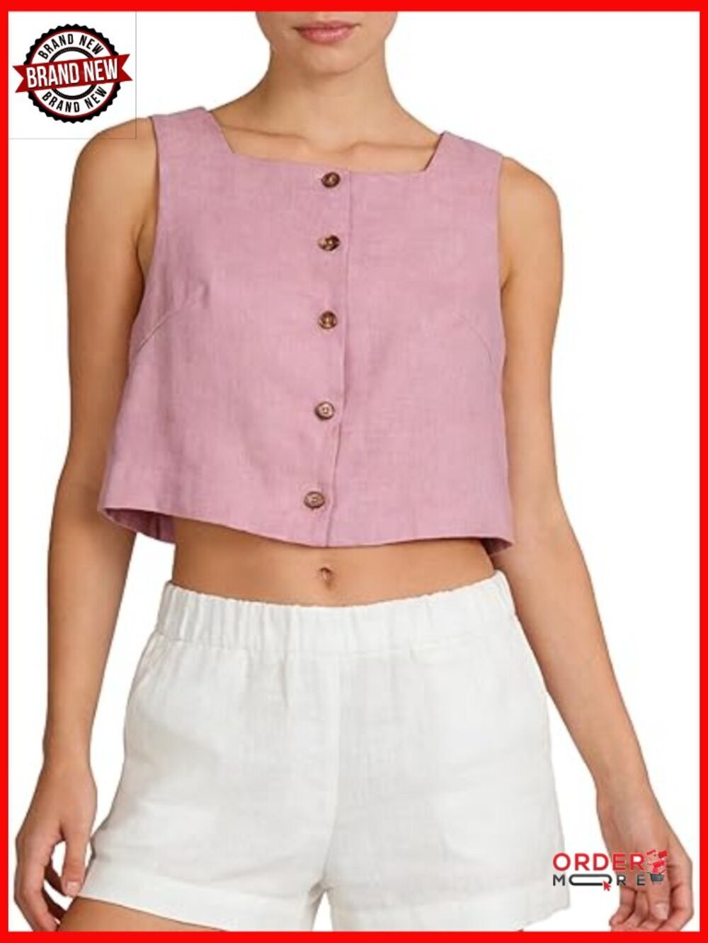100% Linen Square Neck Sleeveless Crop Top Button Front